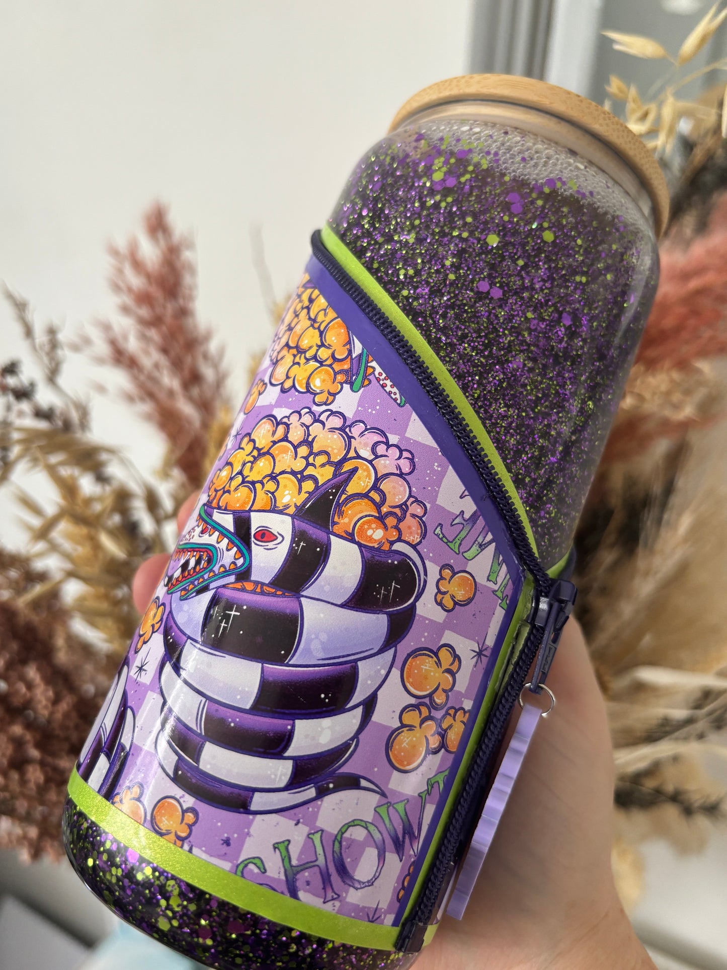 Beetlejuice inspired Snow Globe Zipper Tumbler