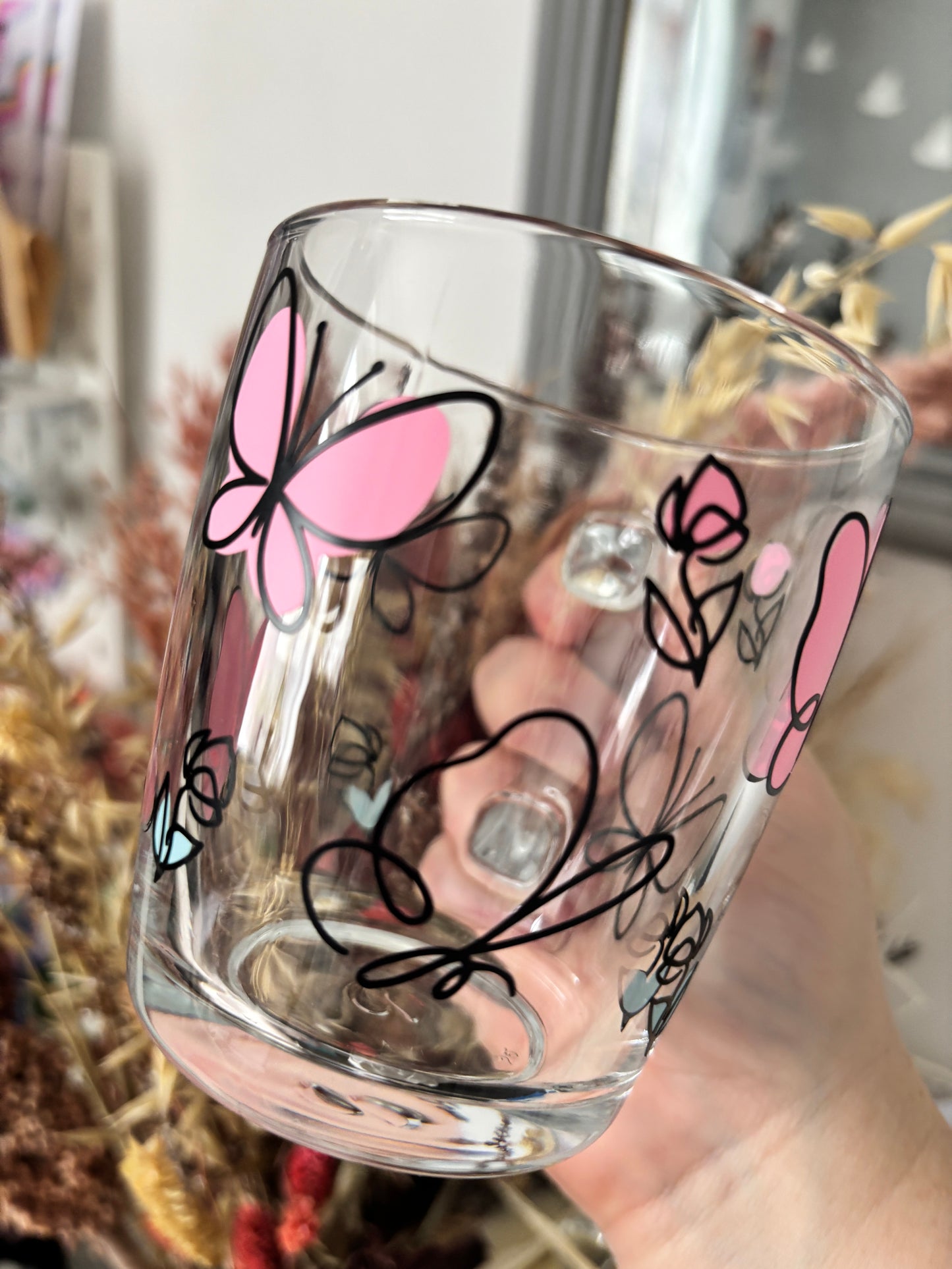 Butterfly & Roses Glass Handled Mug