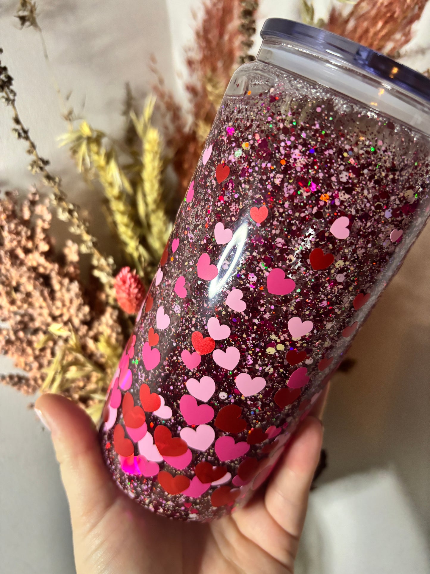 Scattered Hearts Glass Snow Globe Tumbler