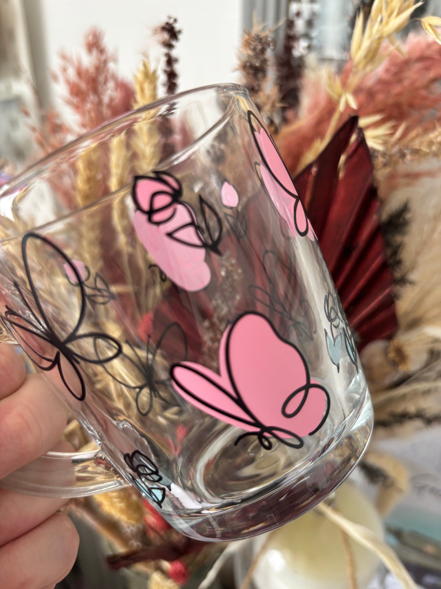 Butterfly & Roses Glass Handled Mug