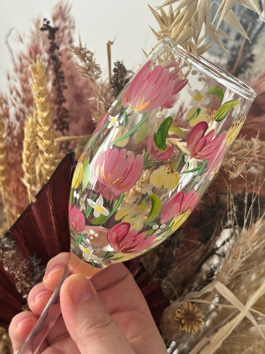 Yellow and Pinks Hand Painted Prosecco Glass