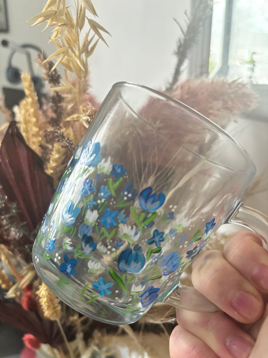Blue Forget Me Hand Painted Glass Mug