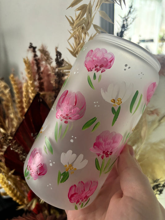 Pinks & White Hand Painted Frosted Libby Glass