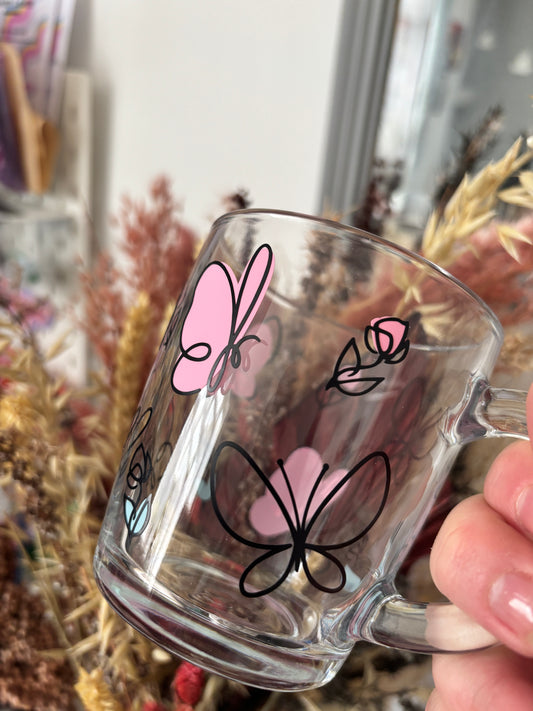 Butterfly & Roses Glass Handled Mug