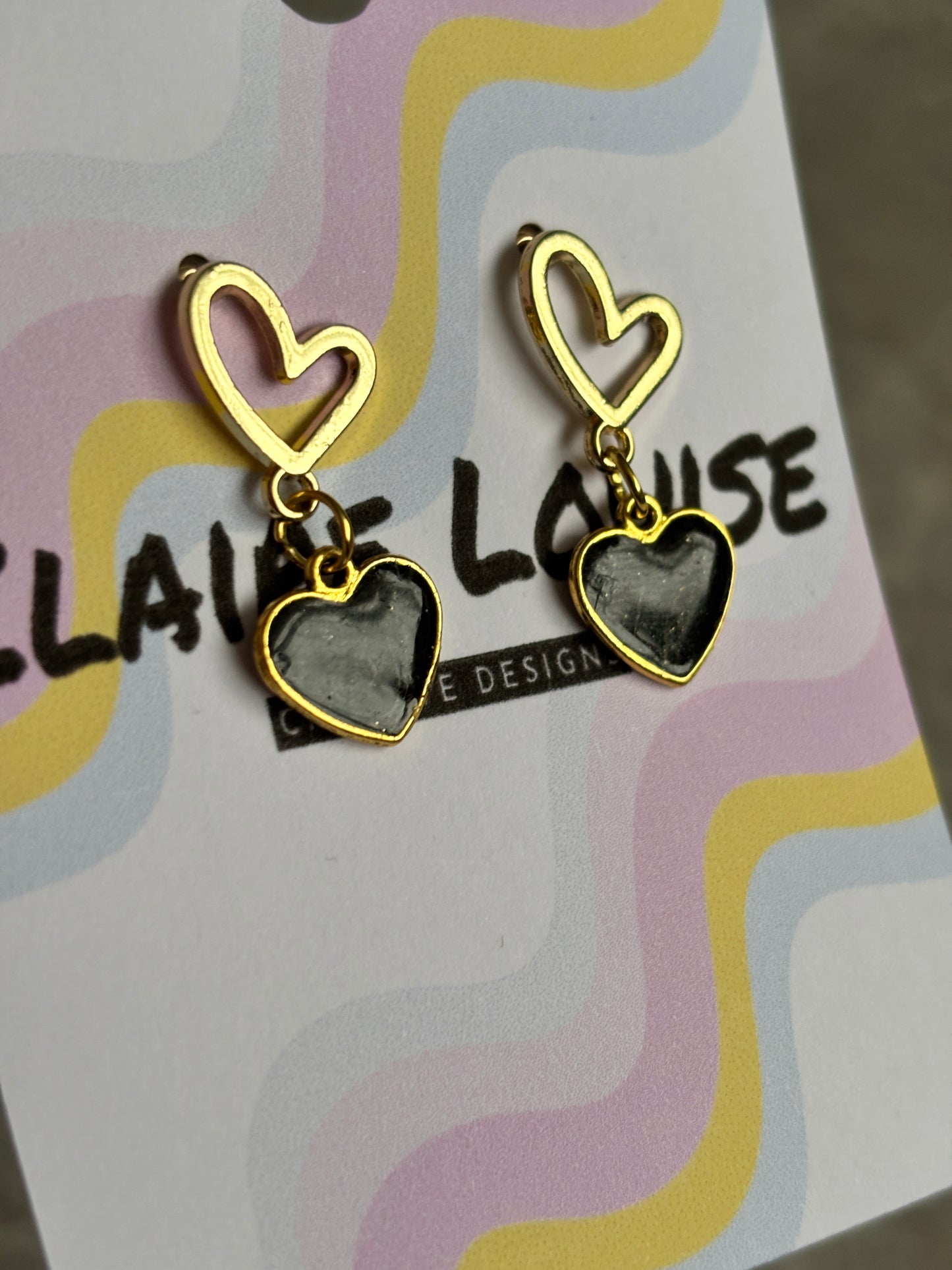 Black and Gold Heart Drop Earrings