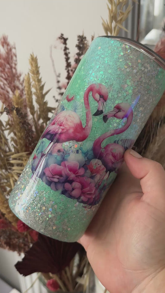 Flamingo Glitter Metal Tumbler