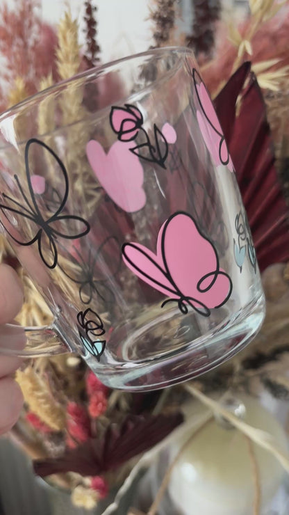 Butterfly & Roses Glass Handled Mug